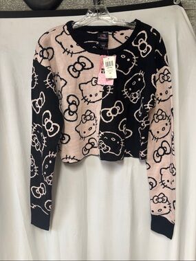 Hello Kitty Pink and Black Patterned Knit Crewneck Sweater